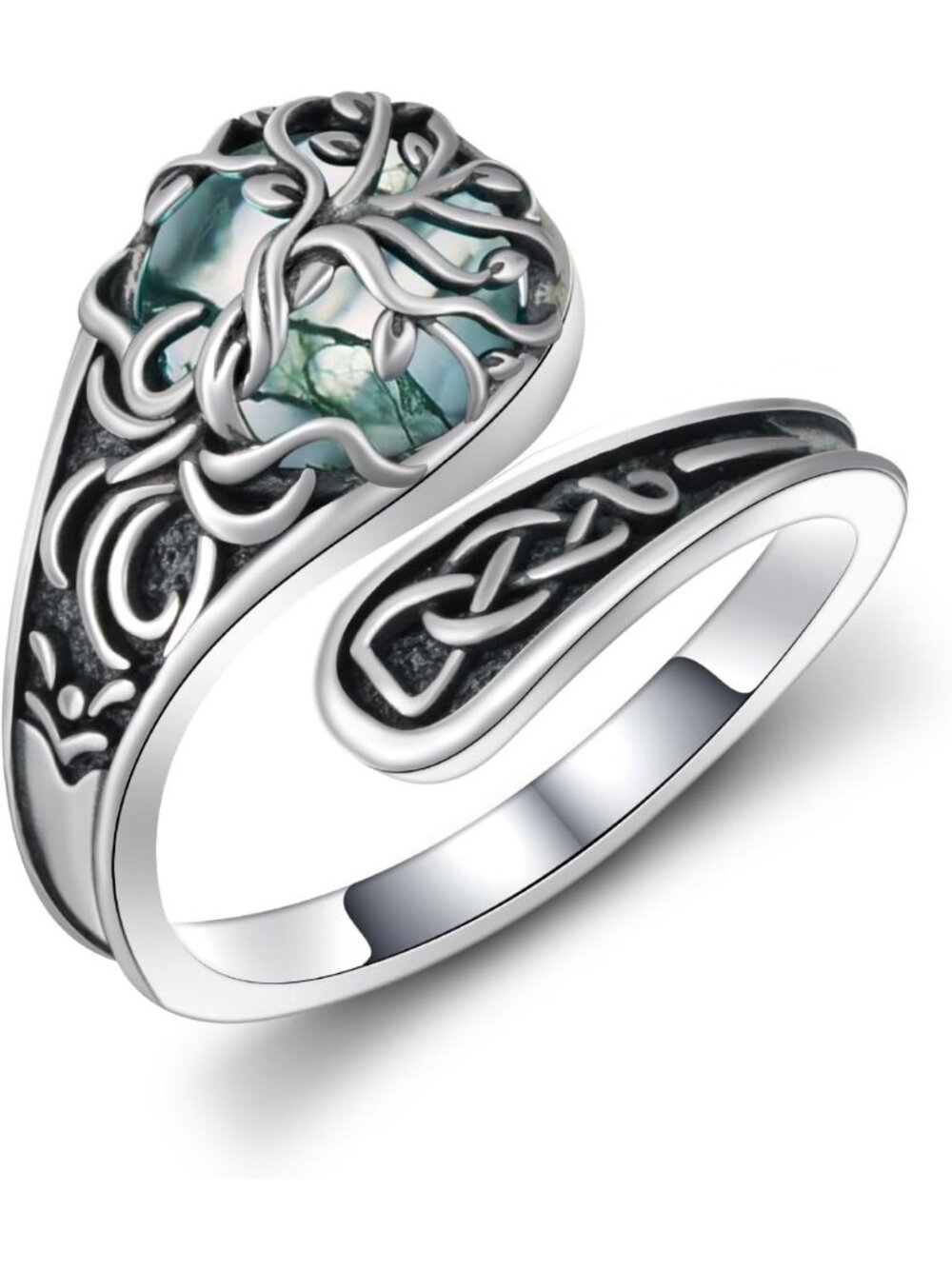 Vintage 925 Sterling Silver Tree of Life Spoon Ring with Moss Agate - Unique